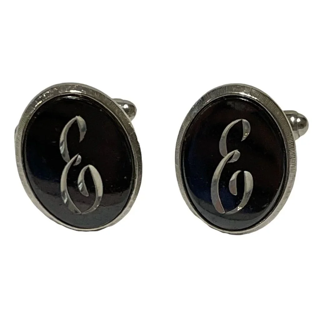 Vintage Oval Enamel Monogram Initial letter E Mens Cufflinks Silver Tone